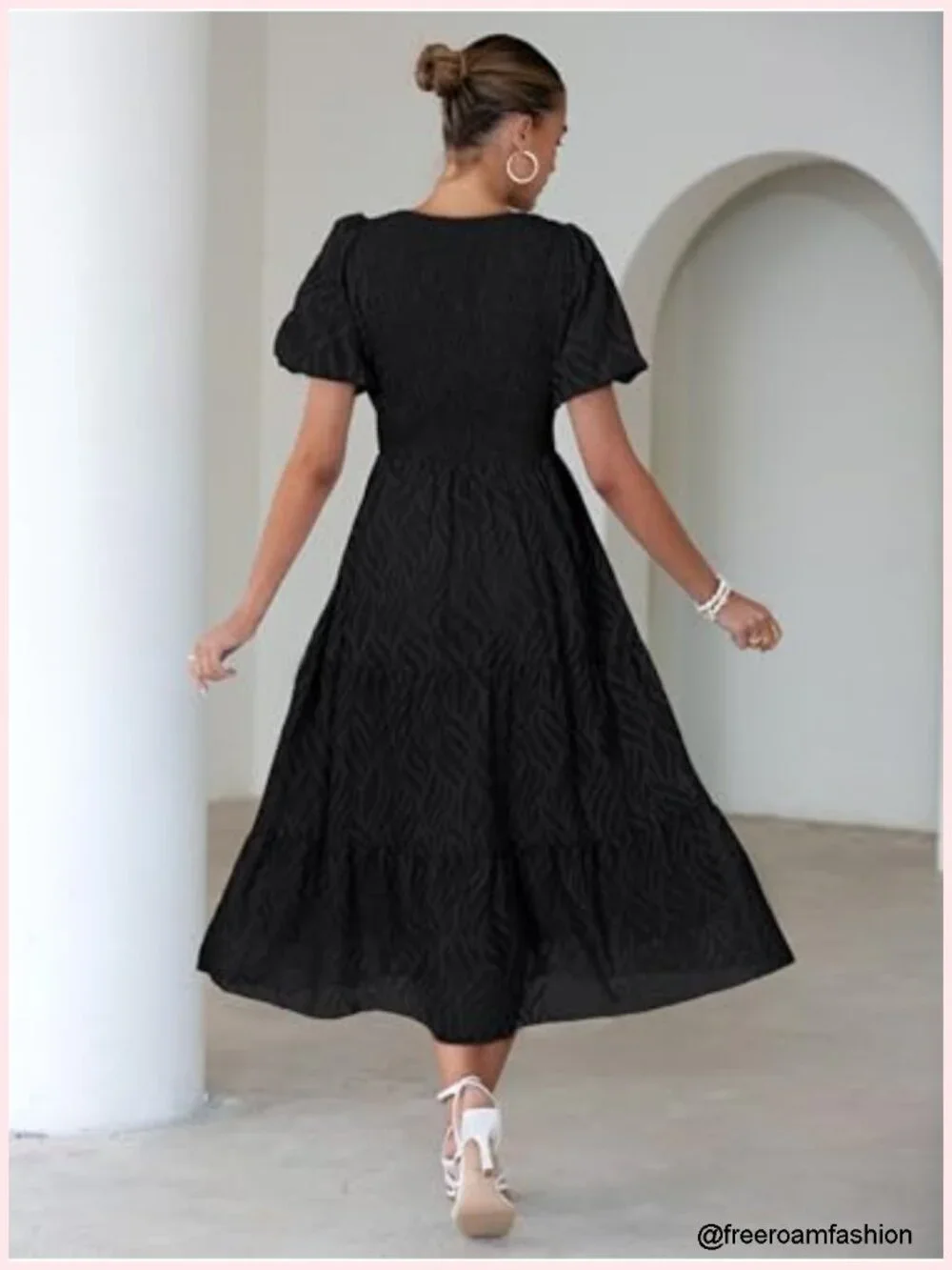 Chiffon Midi Dress Smocked Crewneck A-Line Tiered Short Sleeve